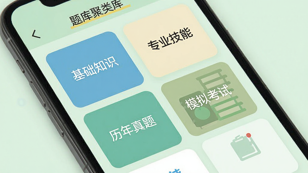 劳动保障协理员考试聚题库 题库分类界面,画面展示手机屏幕内多个题库分类卡片,卡片上标注“基础知识”“专业技能”“历年真题”“模拟考试”等字样,卡片以网格形式排列,背景为淡绿色,整体采用扁平化设计,风格简约清新,细节清晰,画质高清,干净无多余元素