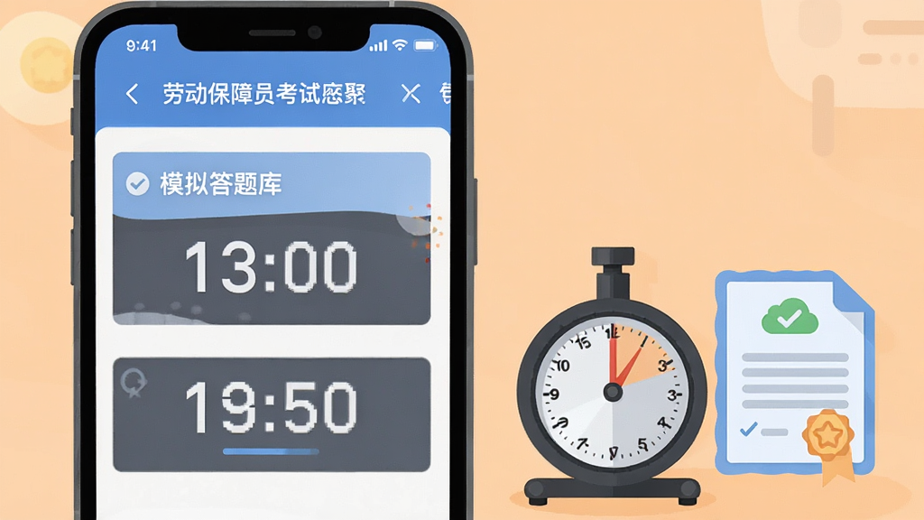 劳动保障协理员考试聚题库 模拟考试界面,画面中央为手机屏幕,屏幕内显示模拟考试答题卡和倒计时器,手机旁边放置计时器和成绩单图标,背景为淡橙色,整体布局简洁明了,扁平化设计风格,细节丰富,画质高清,干净无多余元素