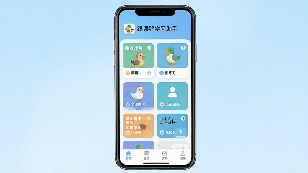 一张展示跟读鸭学习助手主界面的手机应用截图,画面中央是一部竖屏智能手机,屏幕内显示跟读鸭学习助手首页,上方有软件名称