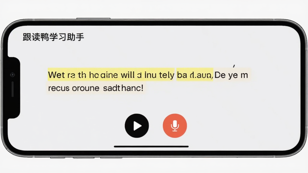 一张展示跟读鸭学习助手逐句跟读功能的界面截图,手机横屏放置,屏幕中有一句英文句子被高亮,下方有播放按钮和录音按钮,页面左上角标注