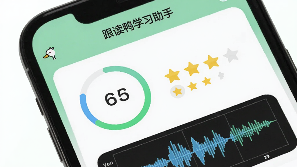 一部手机屏幕特写,屏幕上显示跟读鸭学习助手的跟读评分页面,画面中有分数环、星级评价和发音波形图,软件名称