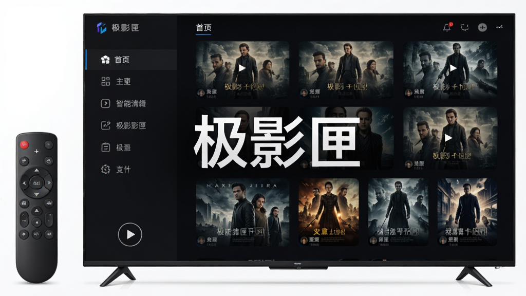 极影匣软件主界面,画面中央展示软件名称“极影匣”,主体为智能电视屏幕,布局为左侧导航栏与右侧视频缩略图网格,排版简洁清晰,风格为现代科技感UI设计,细节包括遥控器图标、播放按钮、影片海报墙,画质高清,干净,无多余元素