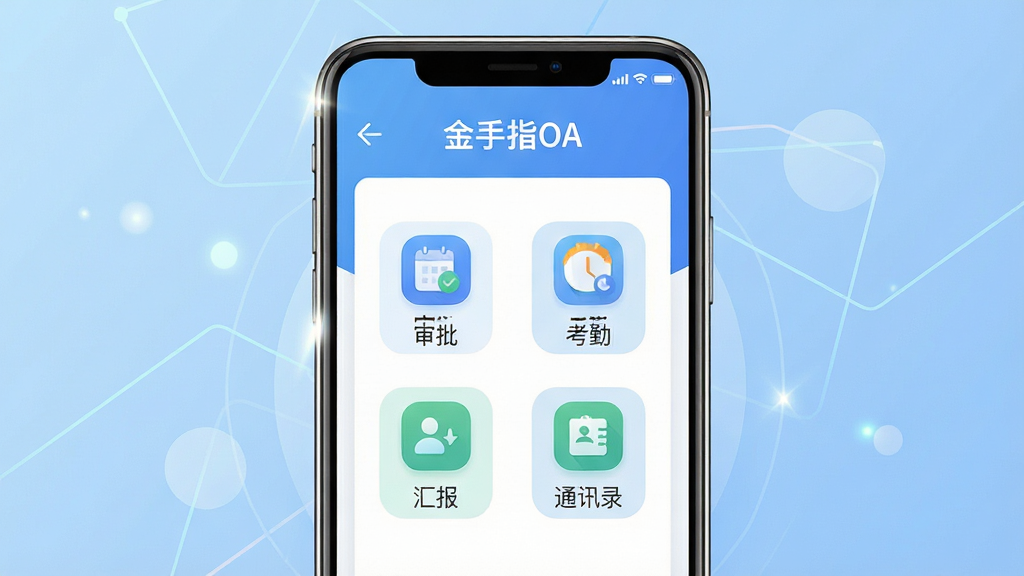画面主体是一部竖屏智能手机,屏幕上展示“金手指OA”移动办公应用的主界面,界面中包含审批、考勤、汇报、通讯录四个功能入口图标,布局简洁清晰;背景为浅蓝色渐变,点缀少量几何线条与圆形光斑;整体风格为现代商务扁平化设计,细节上屏幕边缘有轻微高光反射,图标圆润统一;画质清晰,干净整洁,无多余元素。