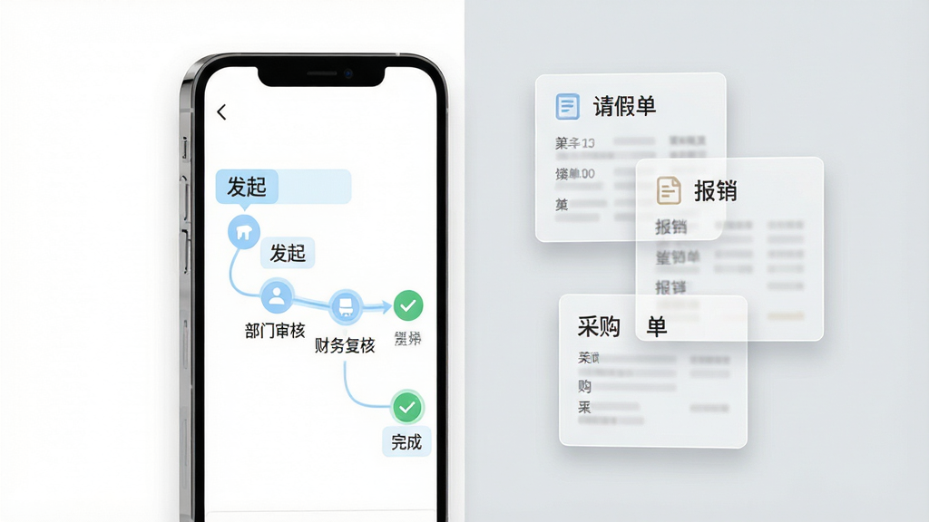 金手指OA移动审批功能展示图,画面中央是一部手机,屏幕显示审批流程时间轴界面,包含“发起”“部门审核”“财务复核”“完成”四个节点,节点之间有连线与对勾标记,手机右侧漂浮着请假单、报销单、采购单三张半透明卡片;背景为白色与浅灰拼接,风格为清爽商务风,细节上时间轴有淡蓝色高亮,卡片边缘有轻微投影;画质清晰,干净整洁,无多余元素。