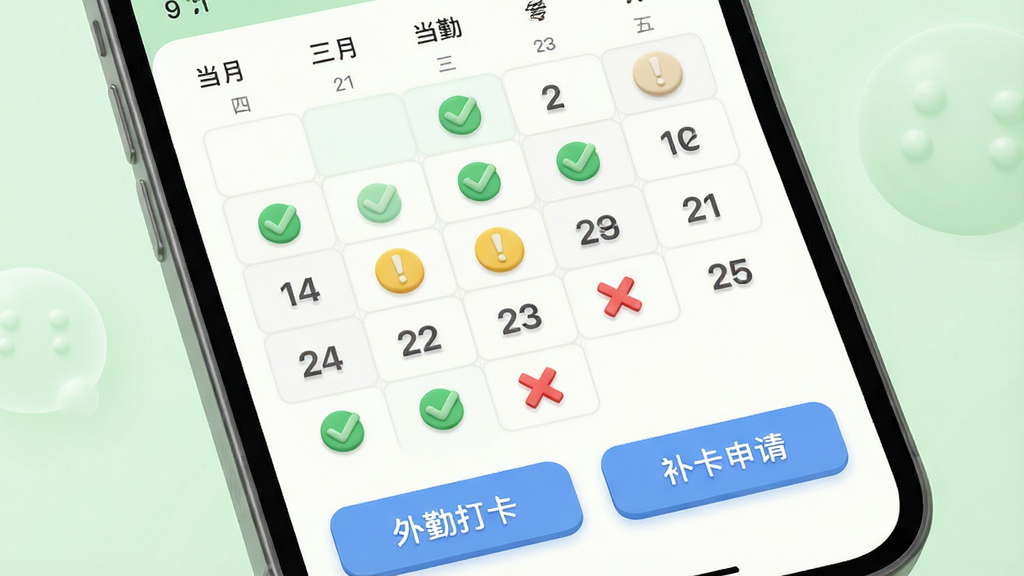 金手指OA考勤打卡界面图,主体为手机屏幕,显示当月考勤日历,日期格内有绿色对勾、黄色感叹号、红色叉号等状态标记,屏幕下方有“外勤打卡”“补卡申请”两个按钮;背景为柔和浅绿色,风格为清新极简,细节上日历数字清晰,状态图标有轻微立体感;画质清晰,干净整洁,无多余元素。