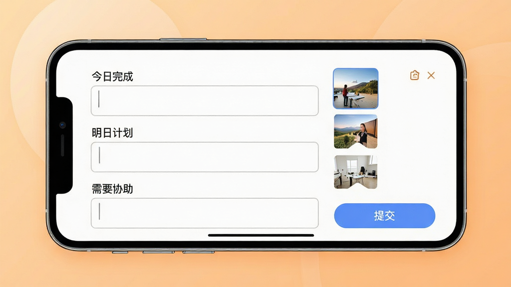 金手指OA工作汇报功能示意图,画面为一部横屏手机,屏幕显示日报编辑界面,包含“今日完成”“明日计划”“需要协助”三个输入区域,右侧有图片附件缩略图与提交按钮;背景为浅橙色渐变,风格为温暖商务风,细节上输入框有淡灰色描边,按钮为圆角蓝色;画质清晰,干净整洁,无多余元素。