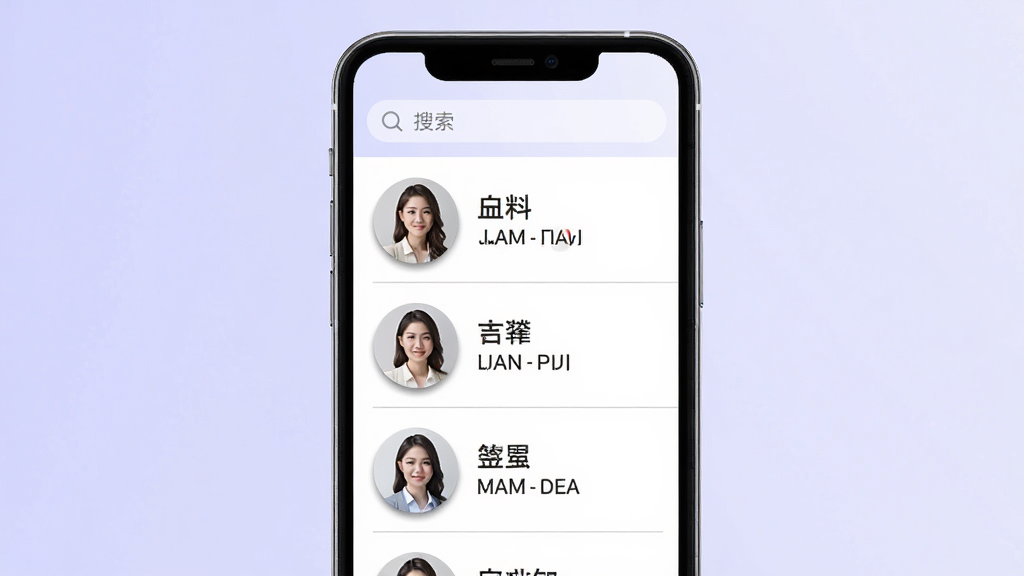 金手指OA企业通讯录界面图,主体为手机屏幕,显示按部门分组的联系人列表,每个联系人左侧有圆形头像,右侧有姓名与职位,顶部有搜索框;背景为浅紫色渐变,风格为简约现代,细节上列表分隔线纤细,头像有轻微阴影;画质清晰,干净整洁,无多余元素。