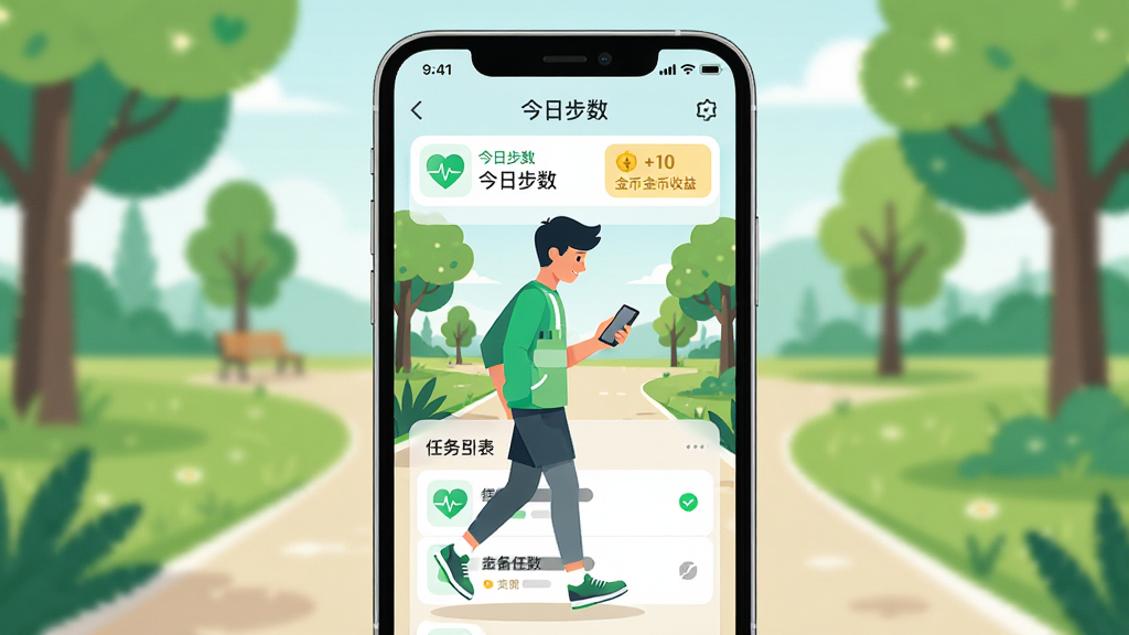 手机屏幕居中展示行云走路应用界面,界面显示今日步数、金币收益和任务列表,背景为户外公园步道,一位年轻人正在走路看手机,画面明亮清新,排版简洁,风格为扁平化科技插画,细节包括步数图标和绿色健康元素,画质高清,干净,无多余元素