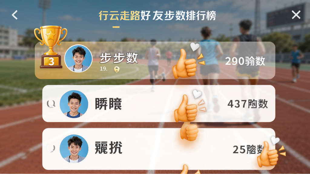 行云走路好友步数排行榜界面,显示多位用户的头像、昵称和步数,前三名带有奖杯图标,背景为运动场跑道虚化效果,排版采用列表式布局,风格为活力运动风,细节有动态点赞手势,画质高清,干净,无多余元素