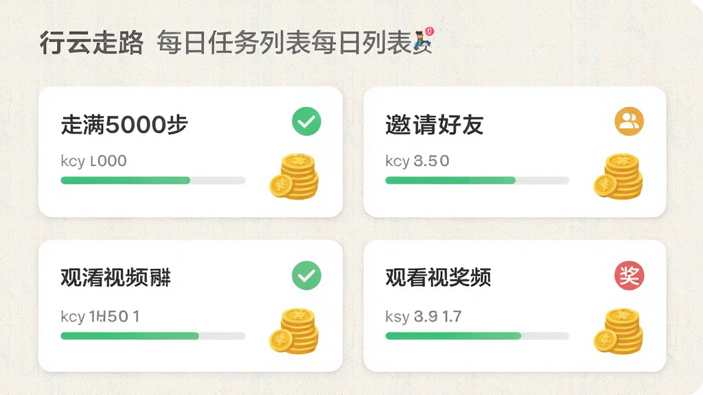 行云走路每日任务列表页面,显示多个任务卡片如“走满5000步”、“邀请好友”、“观看视频”,每个卡片带有完成进度条和奖励图标,背景为浅色纹理,排版整齐,风格为清新扁平化设计,细节包含勾选标记和金币堆叠,画质高清,干净,无多余元素