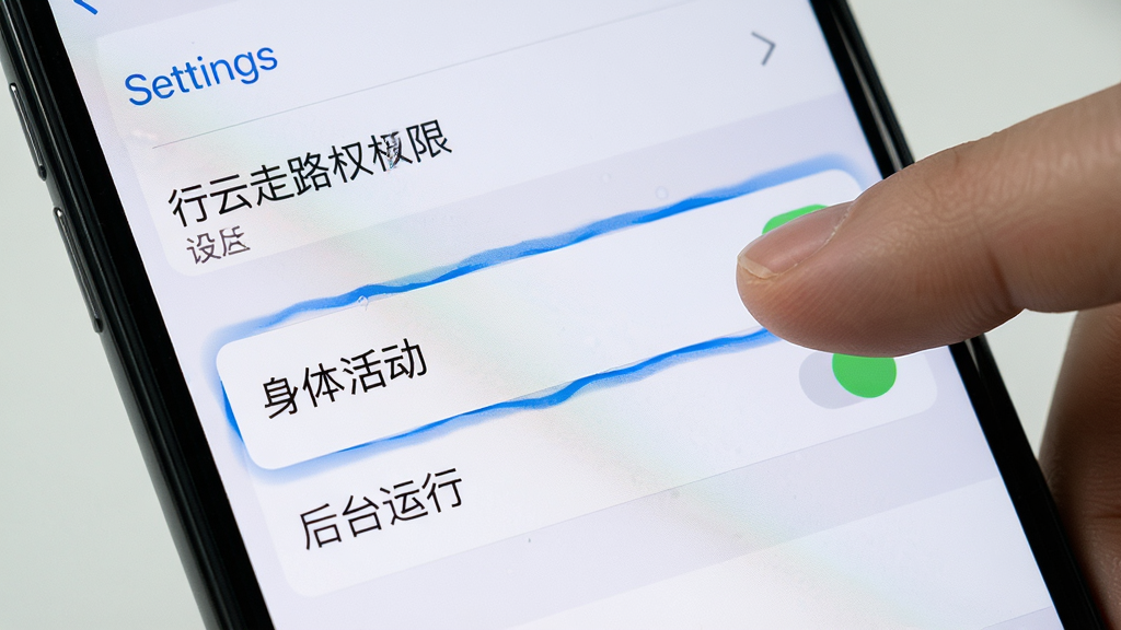 手机屏幕显示行云走路权限设置界面,用户正在勾选“身体活动”和“后台运行”选项,背景为手机系统设置菜单,排版为列表式,风格为清晰教程截图风,细节包含手指点击动作和高亮提示框,画质高清,干净,无多余元素
