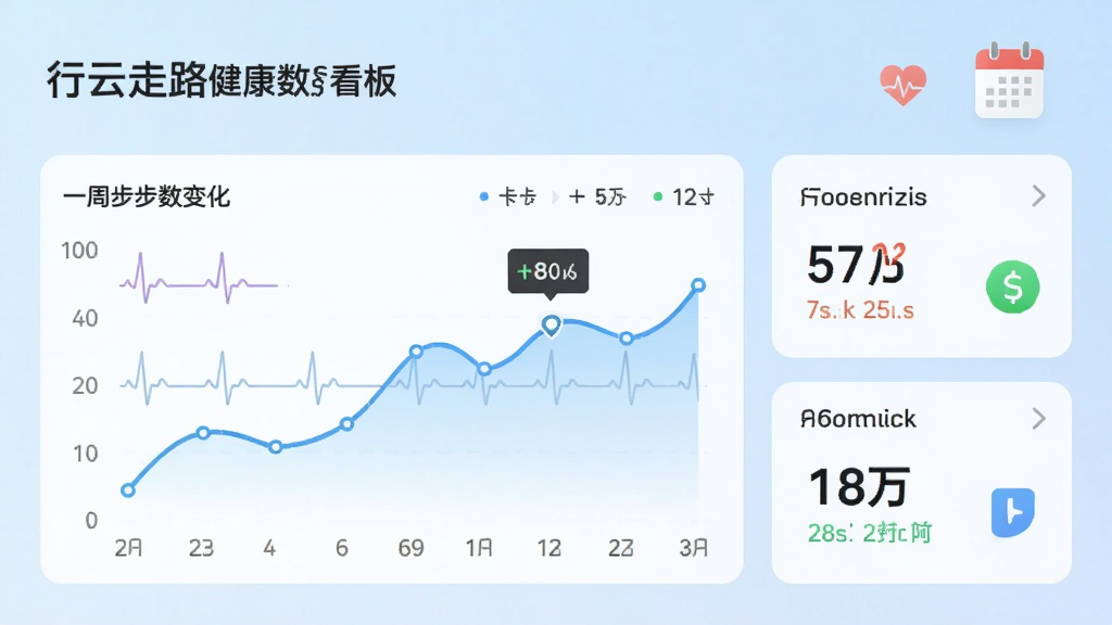 行云走路健康数据看板,显示折线图展示一周步数变化,旁边有卡路里消耗和运动时长数字面板,背景为淡蓝色渐变,排版为仪表盘式布局,风格为科技健康风,细节包含心率波形和日历图标,画质高清,干净,无多余元素