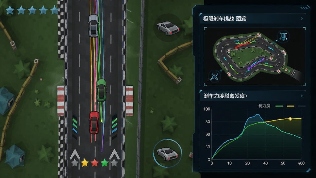 极限刹车挑战游戏中的回放分析界面,画面显示一条赛道俯视图,上面有车辆刹车轨迹的彩色线条,旁边有评分星级和刹车力度曲线图,布局为信息面板加赛道缩略图,风格为科技感UI设计,细节包括数据图表、车辆图标、路面标记,画质清晰,干净,无多余元素,画面中不出现任何文字