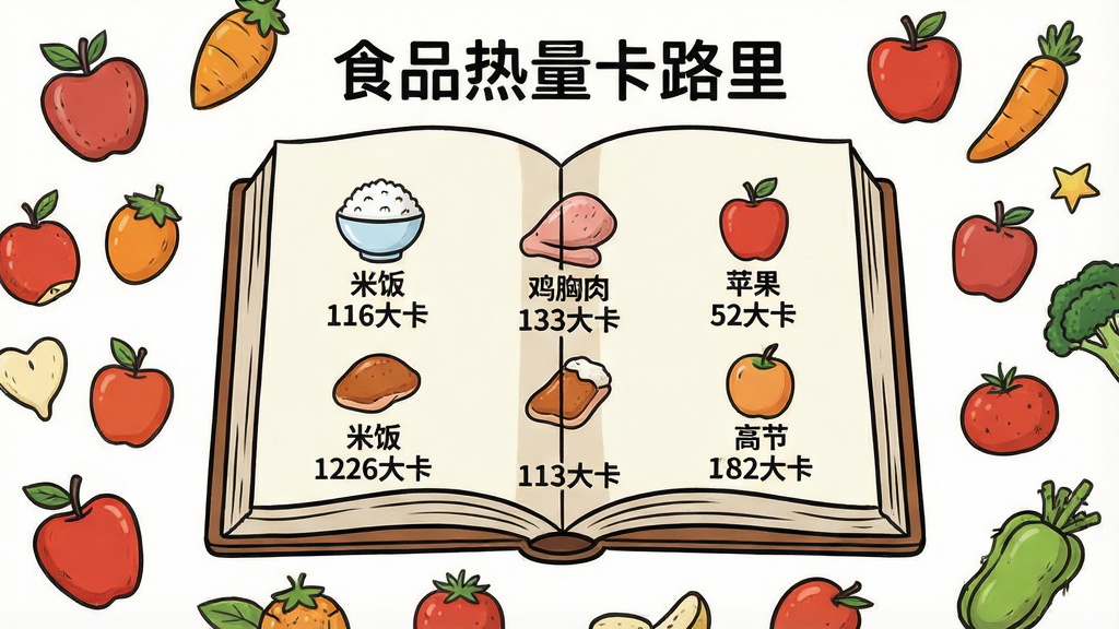一张以“食品热量卡路里”软件数据库为概念的信息图,画面中央是一本打开的巨大虚拟食物热量手册,书页上整齐排列着各类食物图标与热量数字,如“米饭 116大卡”“鸡胸肉 133大卡”“苹果 52大卡”,周围环绕着五颜六色的食材元素,布局为手册居中、食材环绕四周,风格为清新手绘插画风,细节上书页文字清晰、食材形态生动,画质高清,干净,无多余元素