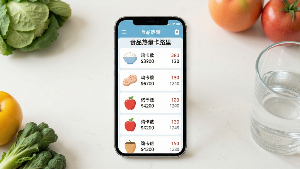 一幅展示“食品热量卡路里”软件整体界面的场景图,主体为一部智能手机,屏幕显示食物热量查询列表,包含米饭、鸡胸肉、苹果等食物图标与热量数值,背景为干净的浅色厨房台面,布局为手机居中展示,四周点缀新鲜蔬果与一杯清水,排版简洁清晰,风格为现代扁平化设计,细节上手机屏幕内容清晰可辨,画面色调明亮柔和,画质高清,干净,无多余元素