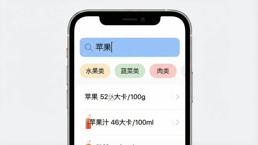 一幅展示“食品热量卡路里”软件搜索与分类功能的界面图,主体为手机屏幕,屏幕上方显示搜索框内输入“苹果”二字,下方展示分类标签如“水果类”“蔬菜类”“肉类”等,再下方列出搜索结果“苹果 52大卡/100g”“苹果汁 46大卡/100ml”等条目,布局为手机正面展示,风格为简洁现代的移动端UI设计,细节上搜索框高亮、分类标签色彩柔和、列表条目清晰,画质高清,干净,无多余元素