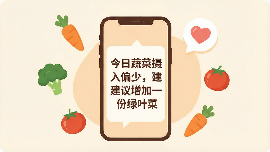 一幅以“食品热量卡路里”软件健康提示功能为主题的插画,画面中央是一部手机,屏幕显示一条温馨提醒“今日蔬菜摄入偏少,建议增加一份绿叶菜”,手机周围漂浮着胡萝卜、西兰花、番茄等蔬菜图标和一个爱心符号,布局为手机居中、元素环绕,风格为温暖治愈的扁平插画风,细节上文字清晰、色彩柔和、构图平衡,画质高清,干净,无多余元素