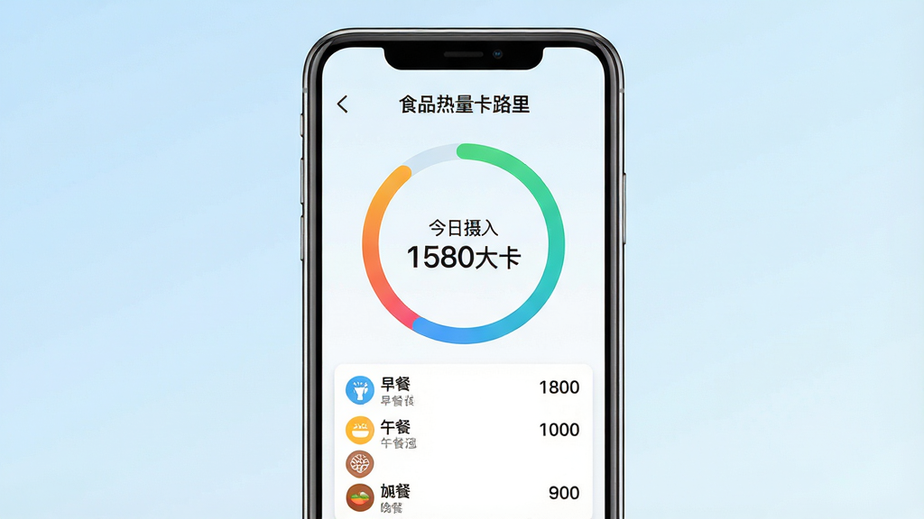 一张展示“食品热量卡路里”软件每日热量统计功能的界面图,主体为手机屏幕,屏幕显示一个圆环进度条,圆环内标注“今日摄入 1580大卡”,圆环下方列出早餐、午餐、晚餐、加餐的热量明细,布局为手机居中展示,背景为淡蓝色渐变,风格为清爽的数据可视化设计,细节上进度条色彩分明、数字清晰、图标简洁,画质高清,干净,无多余元素