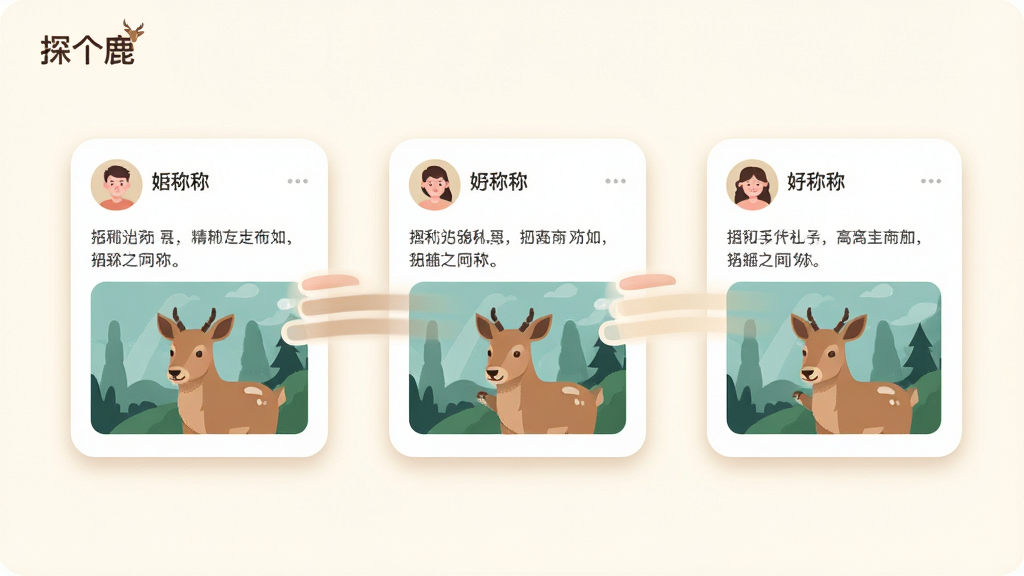 一张横向展开的移动端界面截图风格插画,画面从左到右依次排列三张用户动态卡片,每张卡片上有头像、昵称、短文字和配图,卡片之间用手指滑动轨迹连接,背景是暖白色,左上角有“探个鹿”小字标识,整体采用清爽的矢量插画风格,细节上卡片圆角柔和,有轻微的投影,画质清晰干净,无多余装饰元素