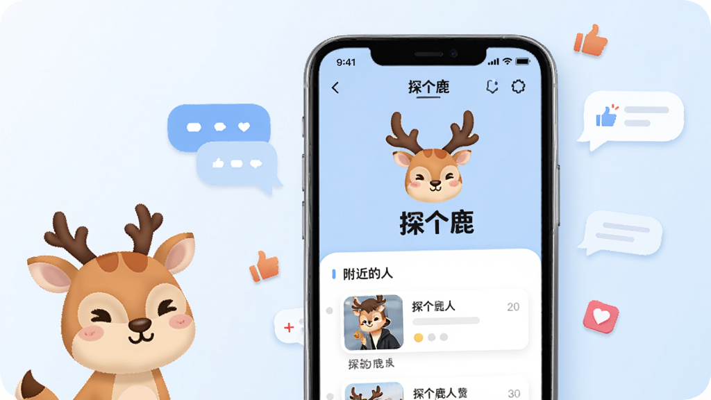 画面中央放置一部竖屏智能手机,手机屏幕里显示探个鹿APP的主界面,界面里有卡通鹿角图标和附近的人卡片列表,手机周围散落着聊天气泡和点赞小图标,背景是柔和的浅蓝色渐变,整体布局上手机占画面三分之二,左侧留白处放一个微笑的卡通小鹿形象,风格采用扁平化插画风,细节上手机边缘有轻微阴影,界面文字清晰标注“探个鹿”三个字,画质为2K高清,画面干净无多余元素