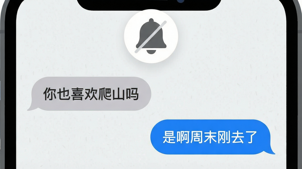 一张手机聊天界面的特写插画,屏幕中央是探个鹿的对话气泡,左边是灰色气泡写着“你也喜欢爬山吗”,右边是蓝色气泡写着“是啊周末刚去了”,聊天背景是浅灰色带细小纹理,手机上方悬浮一个铃铛图标上面画了一道斜线表示免打扰,整体风格为简约扁平化,细节上气泡边缘圆润,字体清晰,画质干净无杂乱元素
