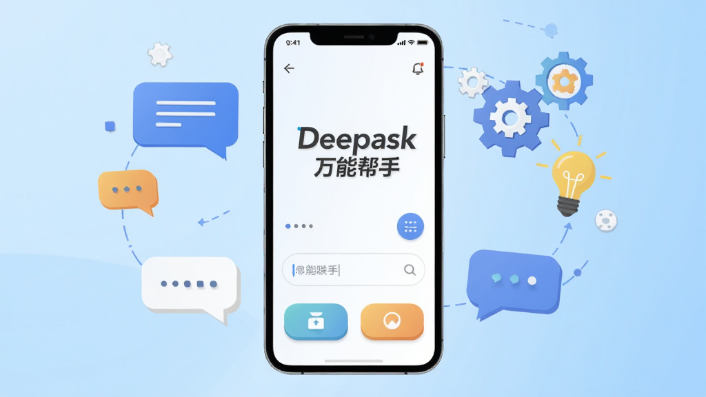 主体为一部智能手机,屏幕中央显示“Deepask万能帮手”应用主界面,界面布局简洁,包含对话输入框和功能按钮;背景为浅蓝色渐变,周围环绕对话气泡、齿轮、灯泡等科技元素;风格为扁平化UI插画,细节清晰,画质干净,无多余元素
