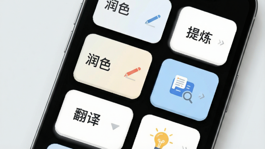 主体为手机屏幕展示多个功能卡片,卡片上分别写有“润色”“提炼”“翻译”“灵感”;布局为网格排列,背景为浅灰色;风格为清新扁平化设计,细节包含柔和阴影和圆角,画质清晰,干净,无多余元素