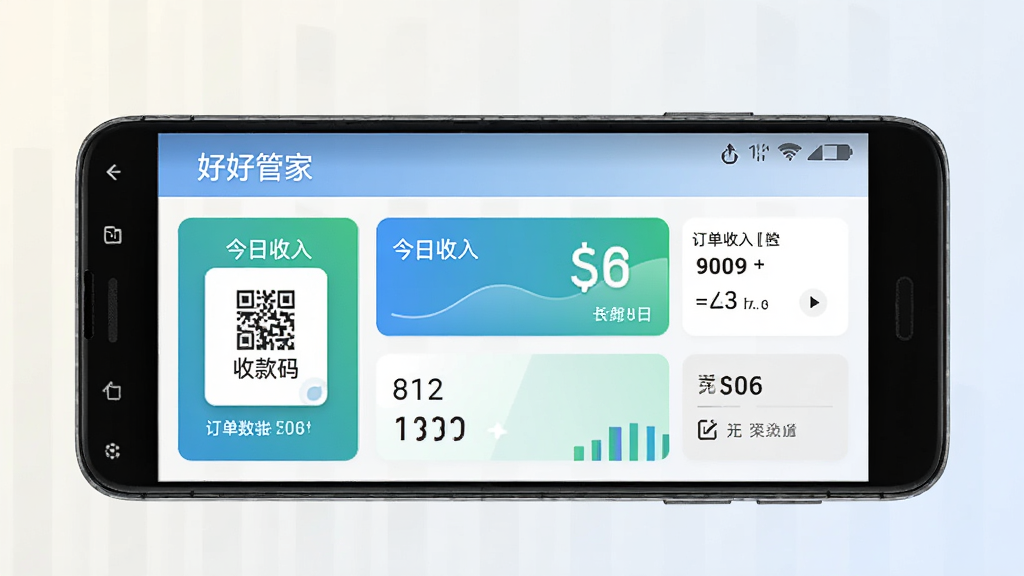 好好管家软件主界面展示,画面中央是一部安卓手机,手机屏幕上显示好好管家应用首页,包含收款码、今日收入、订单数量等卡片式布局,背景为简洁的浅色渐变,整体风格清新商务,细节清晰,画质干净,无多余元素