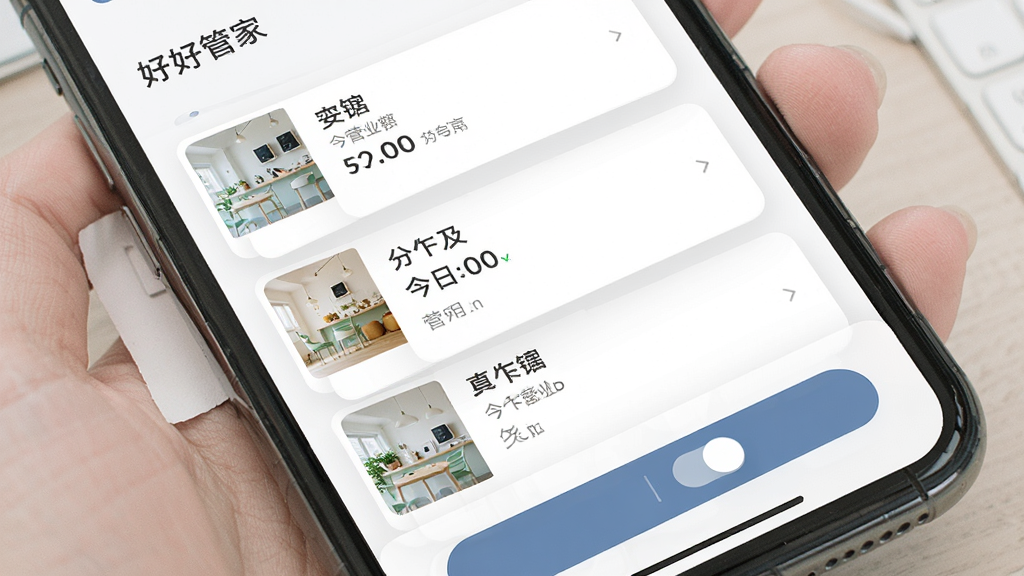好好管家多店铺切换界面,手机屏幕展示店铺列表与切换按钮,每个店铺卡片显示名称与今日营业额,整体布局为纵向排列,风格清爽素雅,细节清晰,画质干净,无多余元素