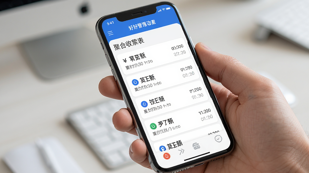 好好管家收款管理功能界面,手机屏幕中展示聚合收款列表,包含多笔订单金额与时间戳,界面配色以蓝白为主,布局规整,风格简约商务,细节精致,画质干净,无多余元素