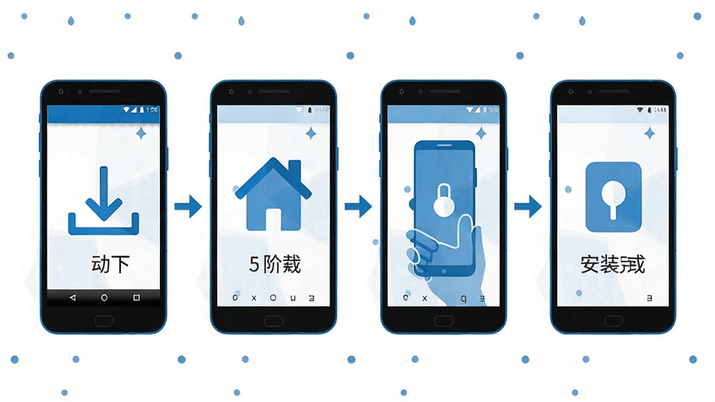 好好管家安装步骤示意图,画面展示安卓手机从下载到安装完成的四个步骤,每个步骤用简洁图标表示,整体风格扁平化,配色以蓝色和白色为主,布局横向排列,细节清晰,画质干净,无多余元素