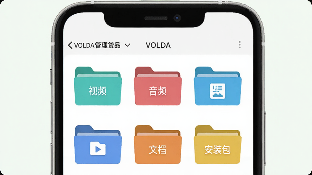 一幅展示VOLDA文件分类管理功能的界面示意图,手机屏幕内显示多个彩色文件夹图标,分别标注视频、音频、文档、安装包等分类,界面整洁美观,浅色背景,风格清新简约,画质清晰,干净无多余元素