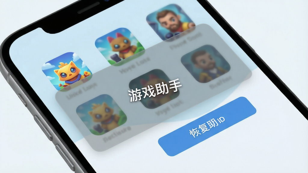 一张展示游戏助手游戏隐藏功能的示意图,画面主体为手机桌面,桌面上的游戏图标被一个半透明的遮罩层覆盖并显示隐藏状态,布局为手机主界面视角,排版简洁,风格为清爽浅色系,细节包含隐藏图标和恢复按钮,画质高清,干净无多余元素,图片中文字“游戏助手”