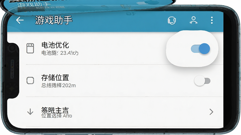 一张手机屏幕展示游戏助手权限设置界面的示意图,画面主体为安卓系统设置页面,布局为列表形式,排版清晰,风格为系统原生简约风,细节包含悬浮窗权限开关、电池优化选项、存储位置选择,画质高清,干净无多余元素,图片中文字“游戏助手”