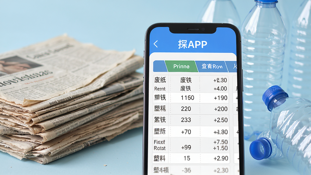 探废APP价格查询界面特写,手机屏幕显示废纸、废铁、塑料瓶等分类价格表格,旁边放置一叠旧报纸和几个塑料瓶,画面采用浅色背景,柔和光线,写实风格,细节丰富,画质清晰,干净整洁