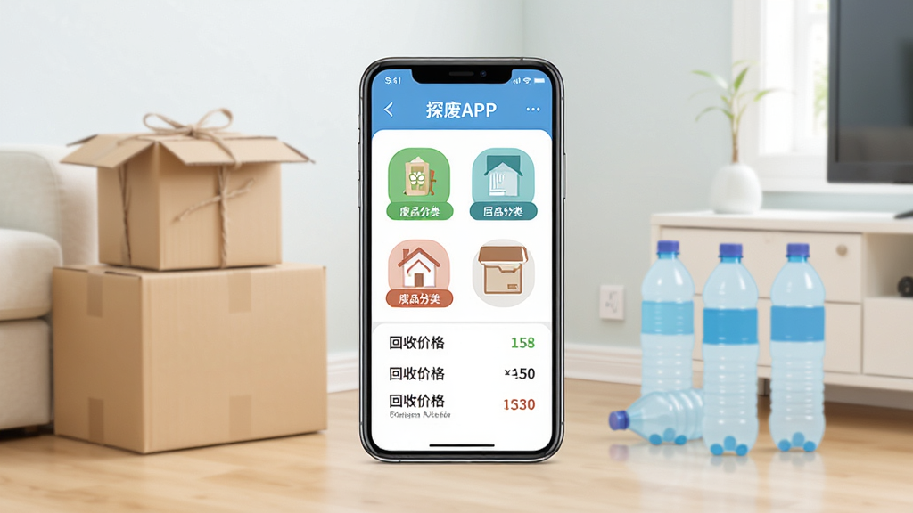 探废APP主界面展示,画面中央放置一部智能手机,屏幕显示废品分类图标与回收价格列表,背景为整洁的客厅角落,有捆扎好的纸箱和塑料瓶,整体风格简洁明亮,扁平化设计,细节清晰,画质干净,无多余元素