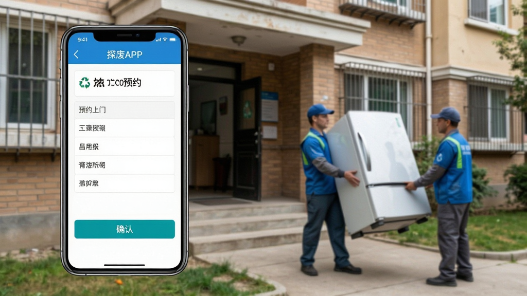 探废APP预约上门界面,手机屏幕显示预约表单与确认按钮,背景为居民楼门口,有回收人员搬运旧冰箱的场景,风格写实生活化,构图自然,细节清晰,画质干净,无多余装饰