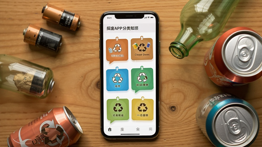 探废APP分类知识页面,手机屏幕展示图文并茂的废品分类卡片,旁边散落着旧电池、玻璃瓶、易拉罐等物品,采用俯拍视角,背景为木质桌面,风格温馨实用,细节丰富,画质清晰,干净无杂物