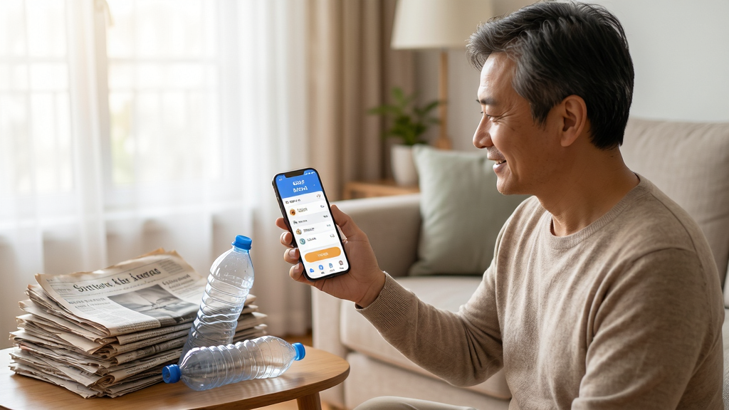 探废APP使用场景图,一位中年用户在客厅用手机查看废品回收价格,旁边放着整理好的旧报纸和塑料瓶,画面温馨自然,光线柔和,写实摄影风格,细节清晰,画质干净,无多余元素