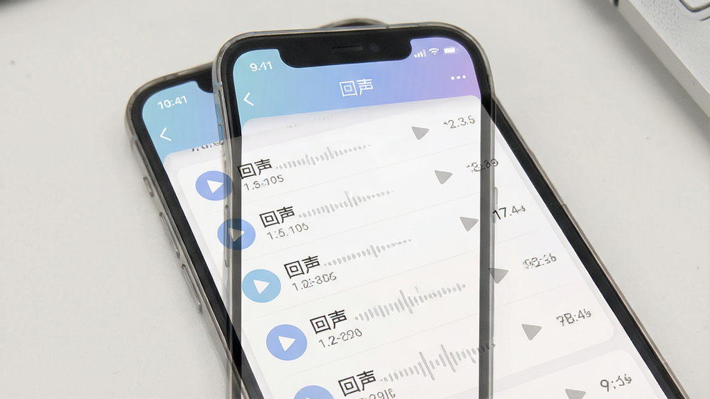 一张手机应用文件列表界面的展示图,画面中手机屏幕显示“回声”软件的录音文件管理页面,列表内排列多条音频记录并带有播放图标与时长信息,顶部写有“回声”字样,界面配色柔和,布局整齐,风格干净利落,画质高清,无多余装饰元素