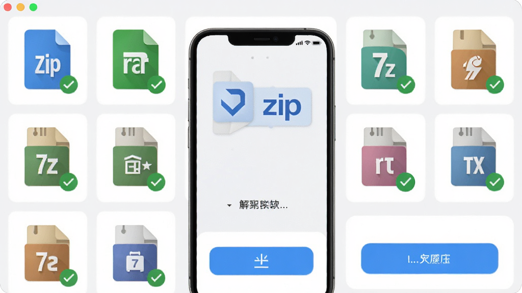 zip��ѹר����������չʾ����ѹ����ʽͼ�����У�����Ϊ�ֻ���Ļ����ʾzip��rar��7z�ȸ�ʽ��ǩ�����ֲ����������У��Ű��������򣬷��Ϊ���¼�Լ�ĿƼ��磬ϸ�ڰ�����ʽͼ�ꡢ�Թ���ǡ���ѹ��ť�����ʸ���ɾ��޶���Ԫ��