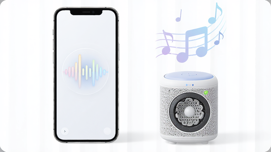 һ��չʾС��AI������������Ƶ���Ź��ܵ�ͼƬ��������һ���ֻ���һ��С���������䲢�Űڷţ��ֻ���Ļ����ʾ����ͼ�꣬�����Ϸ�Ʈ���������ţ��������ҶԳƣ��Ű��࣬���Ϊ���¿Ƽ��У�ϸ��������������������������ɫ��ͣ����������������ɾ����޶���Ԫ��