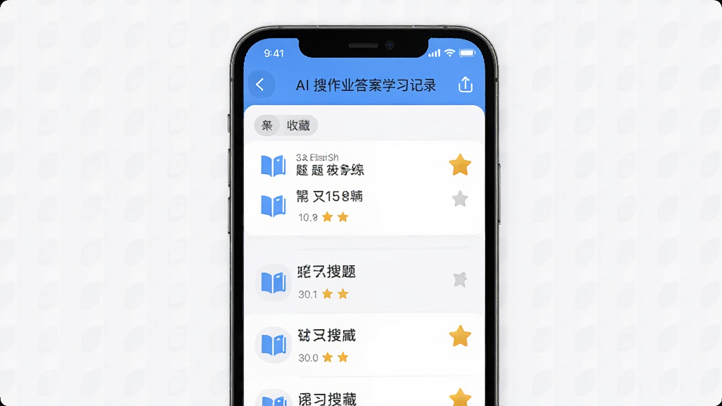 AI����ҵ��ѧϰ��¼���棬����Ϊ�ֻ���Ļ��ʾ��ʷ�����б����ղؼб�ǩ������Ϊ���¹����б����Ű����룬���Ϊ���¼�Լ�磬ϸ�ڰ����鱾ͼ����Ǳ��ղذ�ť�����ʸ��壬�ɾ����޶���Ԫ��