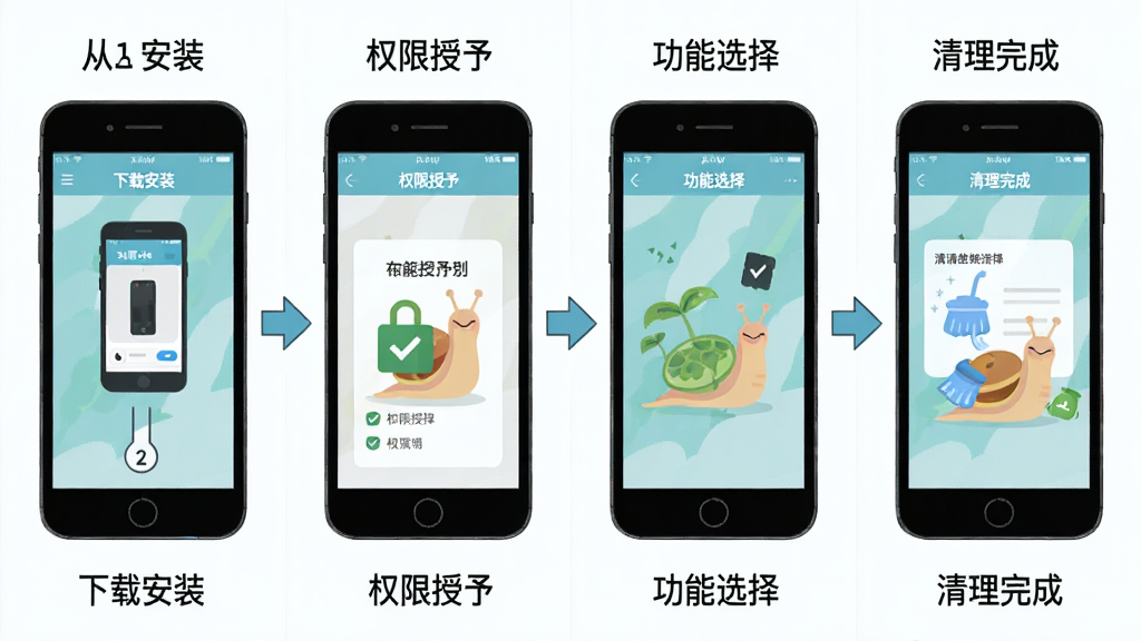 Snailcle�ƶ��˲�������ʾ��ͼ������Ϊ�ֻ���Ļչʾ�Ӱ�װ��ʹ�õ��ĸ�������棬����Ϊ�ĸ�־����У��Ű����������Ϊ���ذ�װ��Ȩ�����衢����ѡ��������ɣ����Ϊ��ƽ���̳̲廭�磬ϸ�ڰ���������š���ͷָ�����ֻ����������ʸ��壬�ɾ����޶���Ԫ��