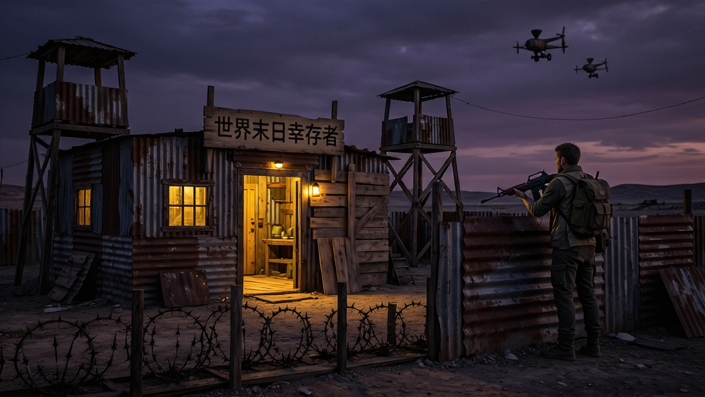 末日废土上一座由铁皮与木板搭建的幸存者基地,外围设有尖刺陷阱与简易哨塔,基地内亮着暖黄色灯光,一名幸存者持枪站在围墙上眺望远方,天空呈现暗紫色黄昏,风格写实,细节丰富,画质清晰,画面干净,无多余元素,基地木牌上写着“世界末日幸存者”
