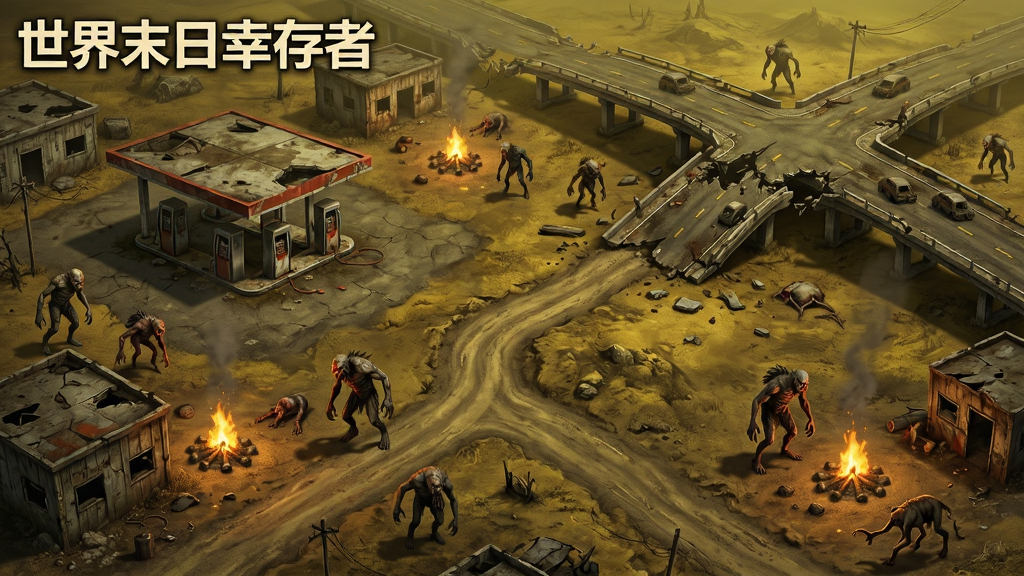 广阔末日荒野地图俯视图,画面中分布着废弃加油站、坍塌立交桥、零星篝火与游荡的变异生物,一条蜿蜒土路贯穿画面,风格写实,色调昏黄,细节丰富,画质清晰,画面干净,无多余元素,左上角标注“世界末日幸存者”