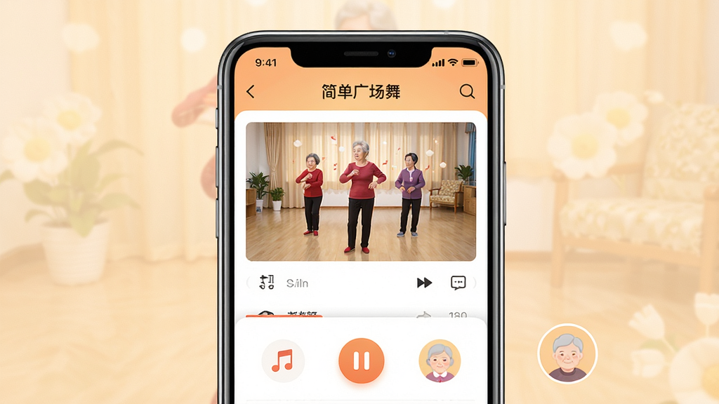 一款名为“简单广场舞”的手机应用界面展示,主体为手机屏幕画面,布局为居中展示手机正视图,排版整齐清晰,风格为温馨生活化,细节包括屏幕中显示广场舞教学视频列表、音乐播放按钮、中老年用户头像图标,背景为柔和的暖色调,画质高清,干净,无多余元素
