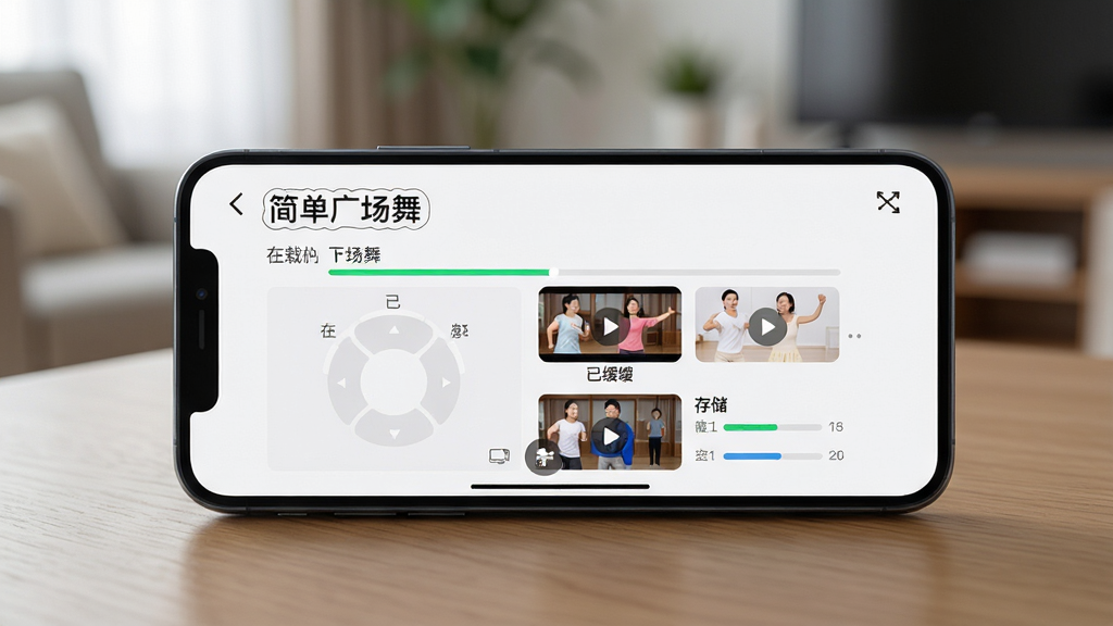 一部智能手机放置在木质桌面上,主体为手机屏幕显示“简单广场舞”应用的缓存管理界面,布局为侧视角度展示手机与桌面,排版简洁,风格为现代科技感,细节包括屏幕中显示下载进度条、已缓存视频缩略图、存储空间使用情况,背景为虚化的家居环境,画质高清,干净,无多余元素