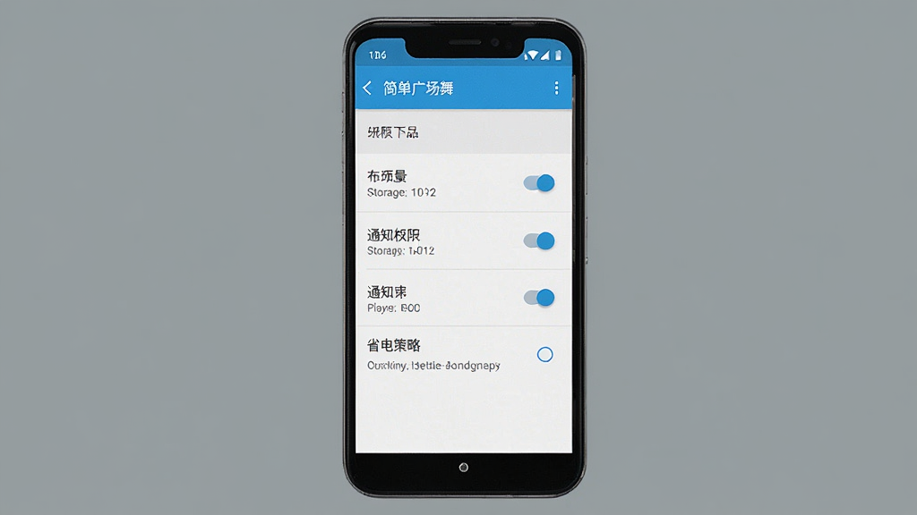 一部安卓手机屏幕显示“简单广场舞”应用的权限管理界面,主体为手机设置页面,布局为竖屏展示权限列表,排版整齐,风格为系统界面风格,细节包括存储权限开关、通知权限开关、省电策略选项,背景为纯色,画质高清,干净,无多余元素
