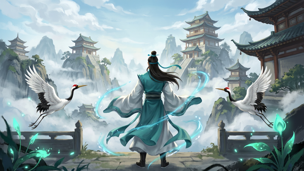 了凡录游戏主界面全景展示,画面中央为身着青白色道袍的修仙者背影,远处云雾缭绕的仙山楼阁若隐若现,近处有灵鹤飞过与灵草发光,布局上采用上下分层、视觉重心居中的构图方式,风格为国风仙侠插画,细节上刻画衣袂飘动、灵气流转、山石纹理与建筑飞檐,画质清晰细腻,干净明亮,无多余元素